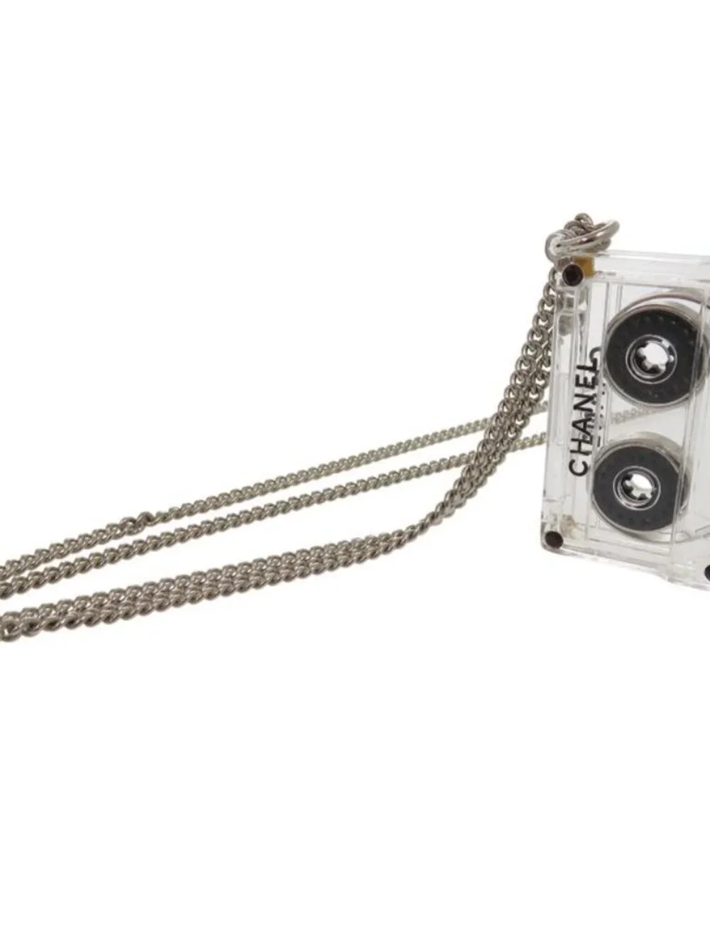 Chanel Cassette Tape Rhinestone Necklace Plastic Clear 1434